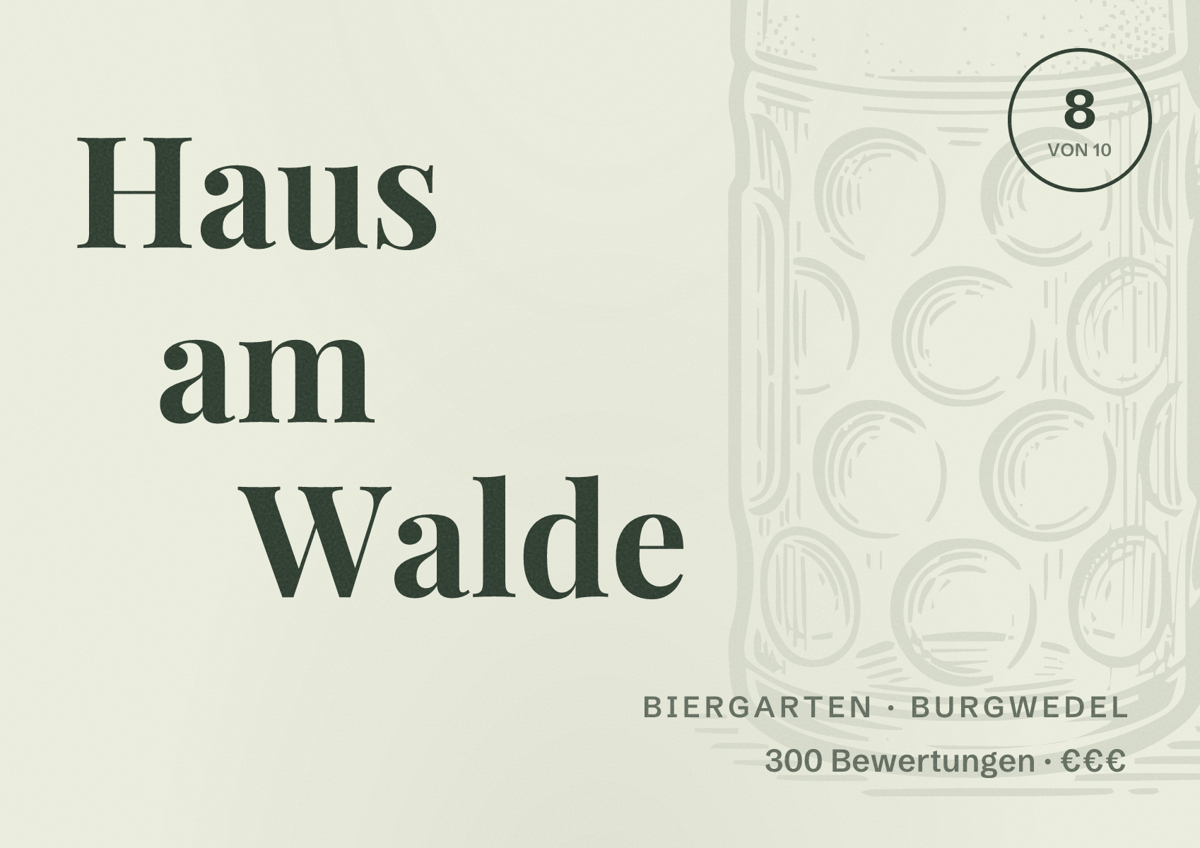 Illustriertes Poster von Haus am Walde, Biergarten in Burgwedel: Bewertung 8 von 10 aus 300 Bewertungen, Preisniveau €€€