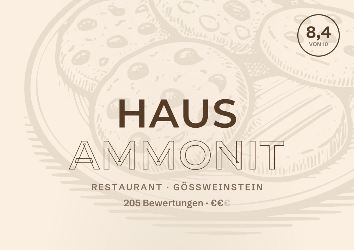Illustriertes Poster von Haus Ammonit, Restaurant in Gößweinstein: Bewertung 8,4 von 10 aus 205 Bewertungen, Preisniveau €€