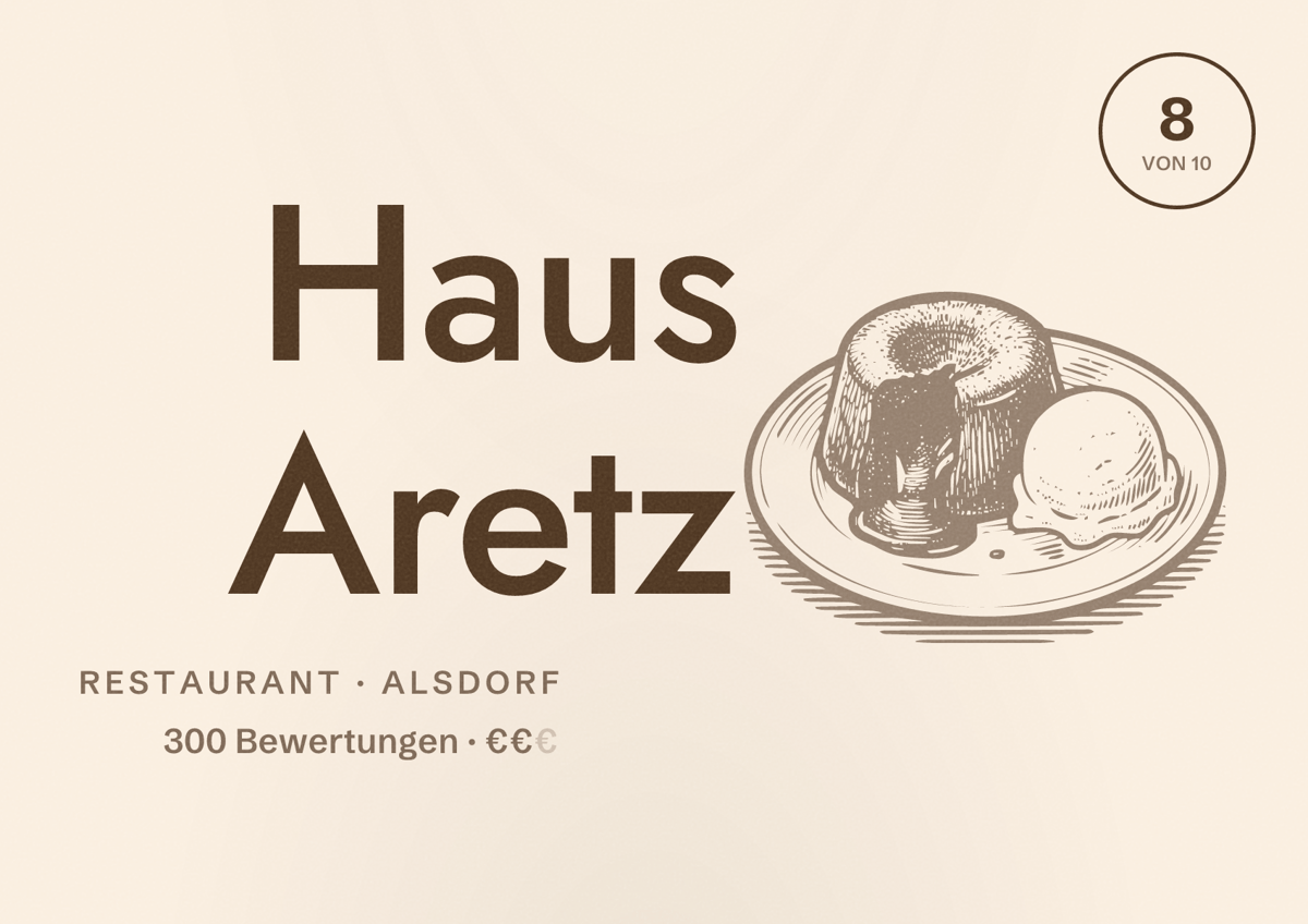 Illustriertes Poster von Haus Aretz, Restaurant in Alsdorf: Bewertung 8 von 10 aus 300 Bewertungen, Preisniveau €€