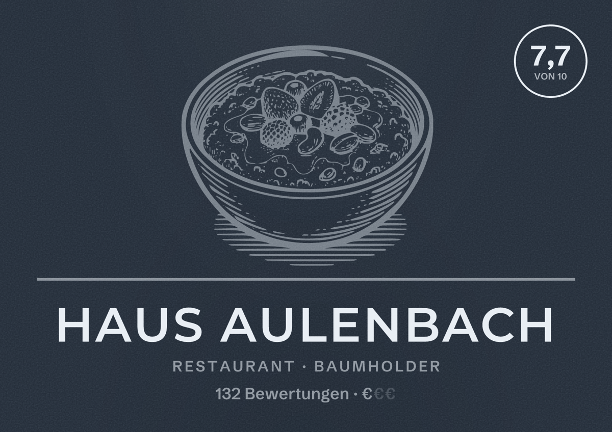 Illustriertes Poster von Haus Aulenbach, Restaurant in Baumholder: Bewertung 7,7 von 10 aus 132 Bewertungen, Preisniveau €