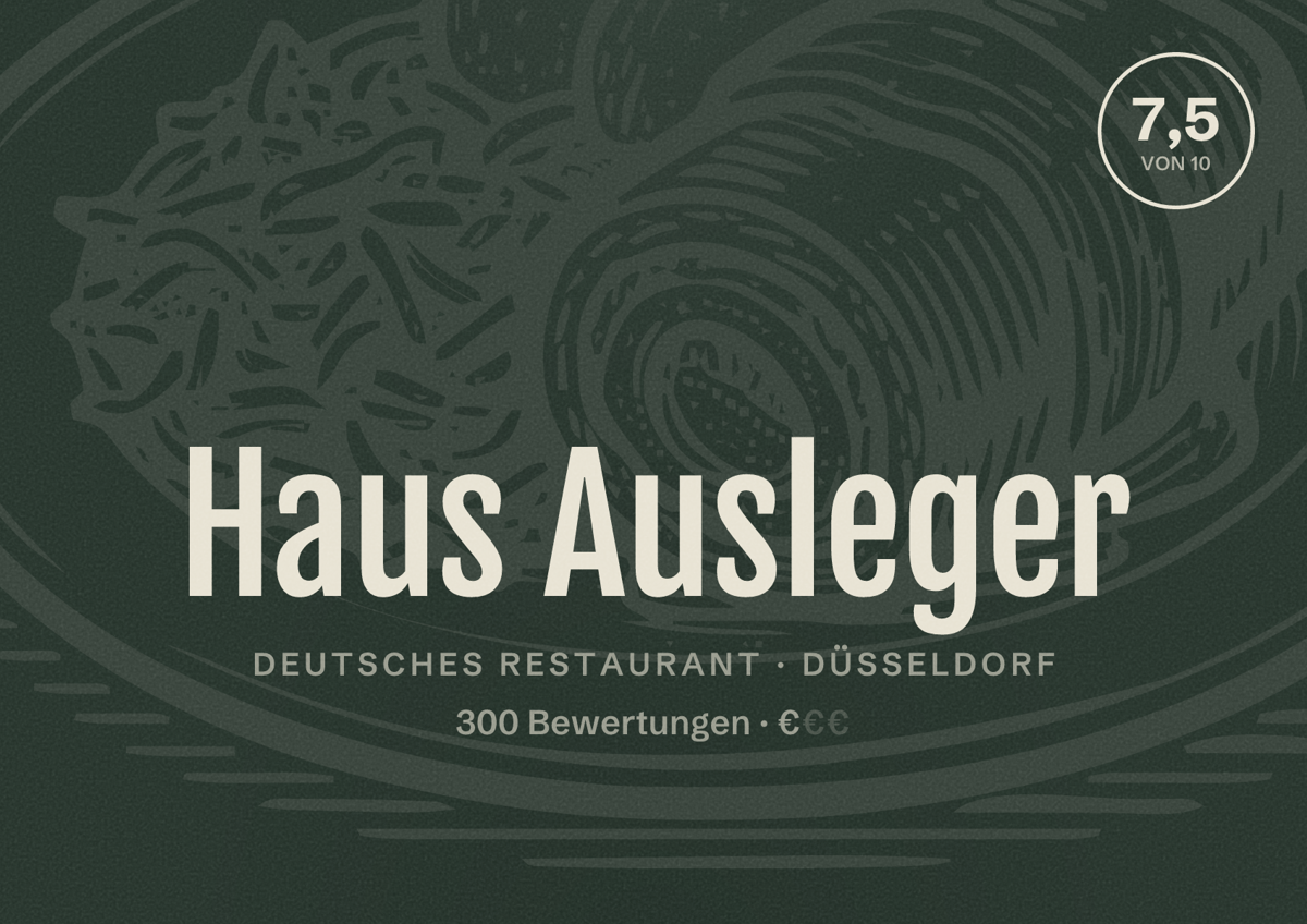 Illustriertes Poster von Haus Ausleger, Deutsches Restaurant in Düsseldorf: Bewertung 7,5 von 10 aus 300 Bewertungen, Preisniveau €