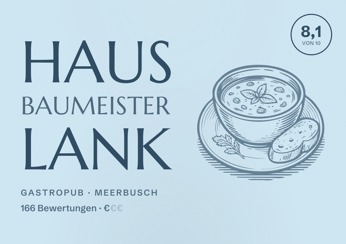 Illustriertes Poster von Haus Baumeister Lank, Gastropub in Meerbusch: Bewertung 8,1 von 10 aus 166 Bewertungen, Preisniveau €