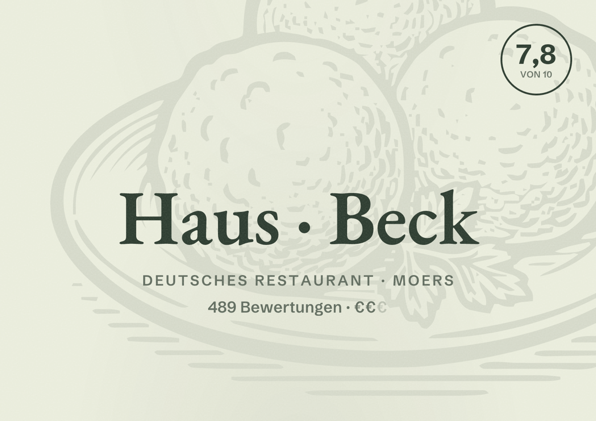 Illustriertes Poster von Haus Beck, Deutsches Restaurant in Moers: Bewertung 7,8 von 10 aus 489 Bewertungen, Preisniveau €€