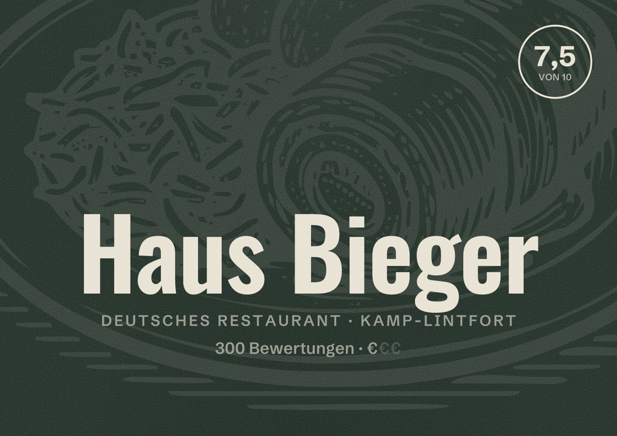 Illustriertes Poster von Haus Bieger, Deutsches Restaurant in Kamp-Lintfort: Bewertung 7,5 von 10 aus 300 Bewertungen, Preisniveau €