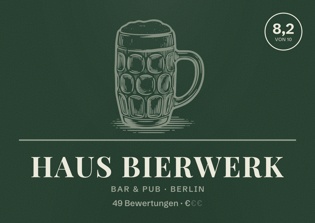 Illustriertes Poster von Haus Bierwerk, Bar & Pub in Berlin: Bewertung 8,2 von 10 aus 49 Bewertungen, Preisniveau €