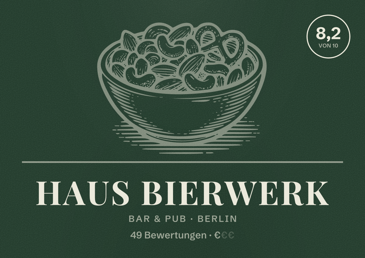 Illustriertes Poster von Haus Bierwerk, Bar & Pub in Berlin: Bewertung 8,2 von 10 aus 49 Bewertungen, Preisniveau €