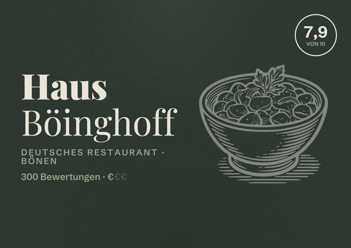 Illustriertes Poster von Haus Böinghoff, Deutsches Restaurant in Bönen: Bewertung 7,9 von 10 aus 300 Bewertungen, Preisniveau €