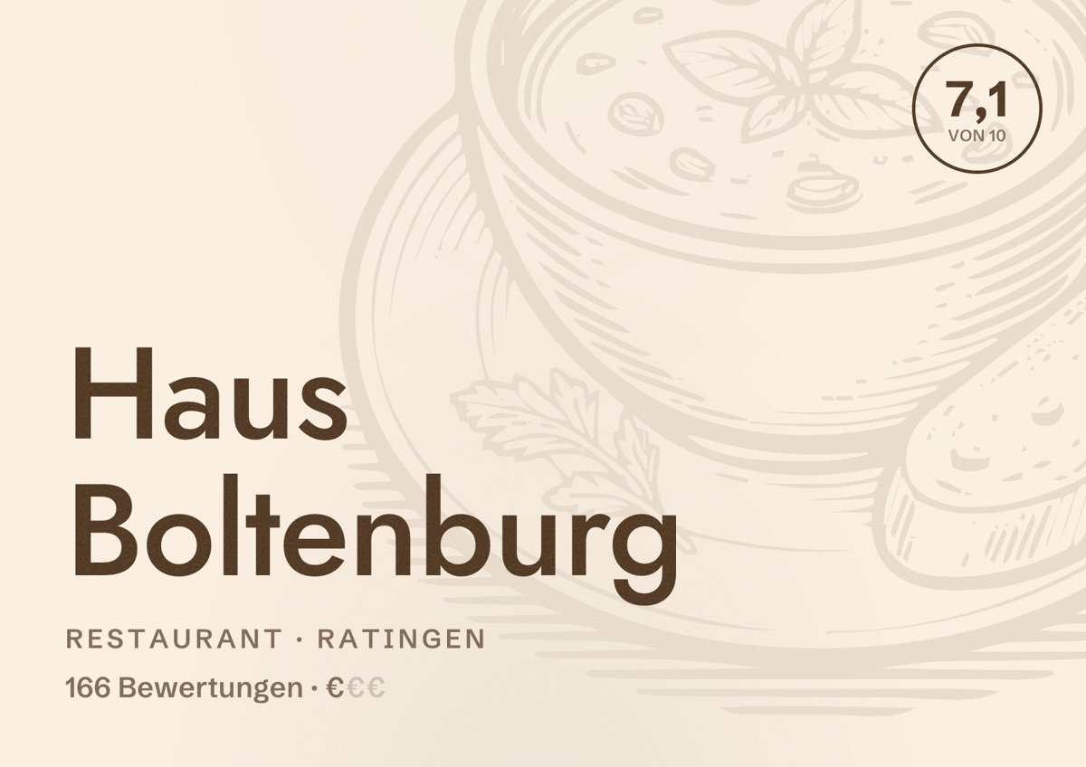 Illustriertes Poster von Haus Boltenburg, Restaurant in Ratingen: Bewertung 7,1 von 10 aus 166 Bewertungen, Preisniveau €