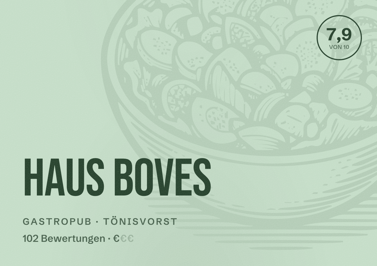 Illustriertes Poster von Haus Boves, Gastropub in Tönisvorst: Bewertung 7,9 von 10 aus 102 Bewertungen, Preisniveau €