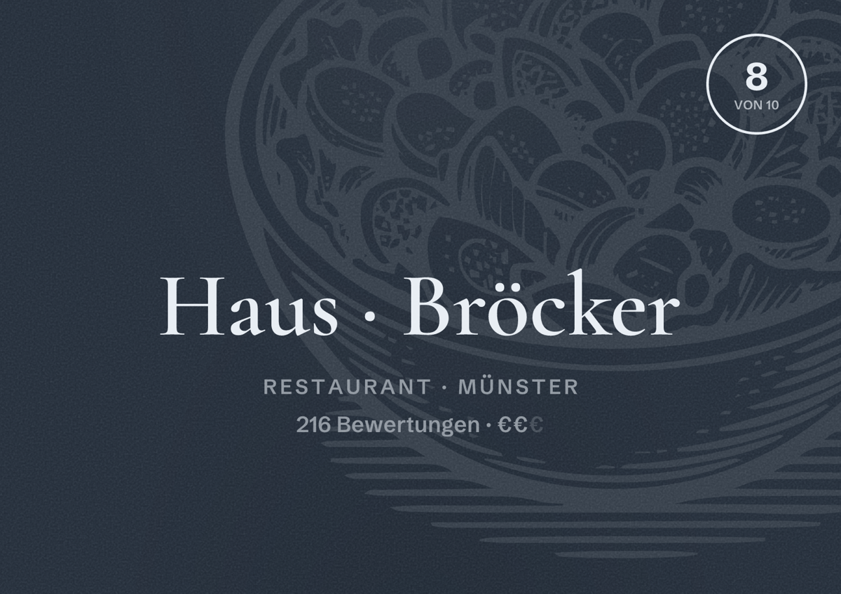 Illustriertes Poster von Haus Bröcker, Restaurant in Münster: Bewertung 8 von 10 aus 216 Bewertungen, Preisniveau €€