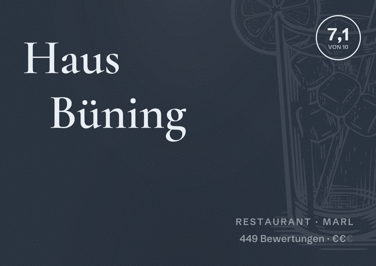 Illustriertes Poster von Haus Büning, Restaurant in Marl: Bewertung 7,1 von 10 aus 449 Bewertungen, Preisniveau €€