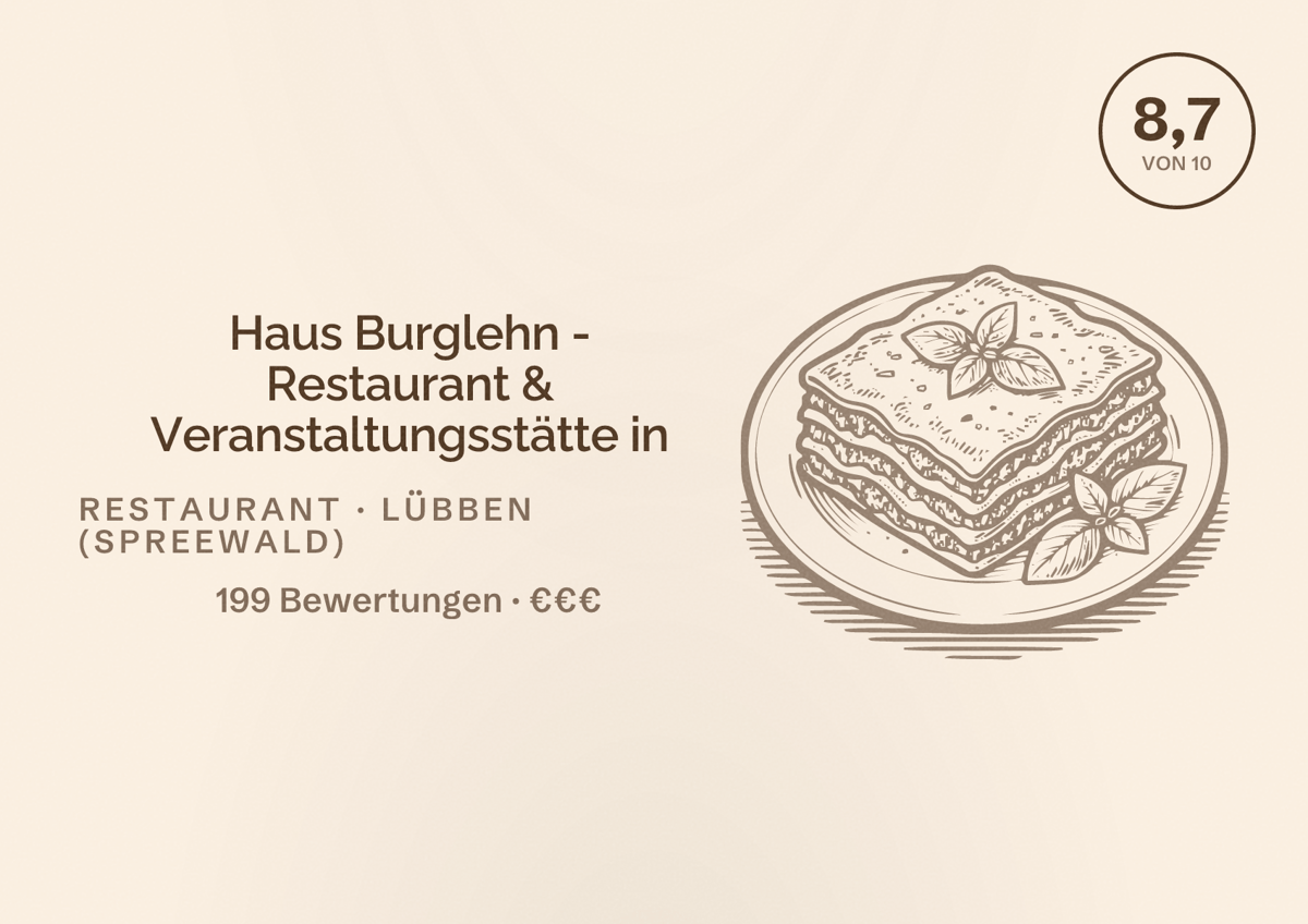Illustriertes Poster von Haus Burglehn - Restaurant & Veranstaltungsstätte in, Restaurant in Lübben (Spreewald): Bewertung 8,7 von 10 aus 199 Bewertungen, Preisniveau €€€