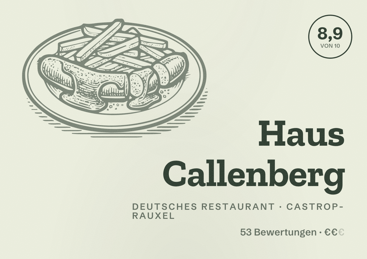 Illustriertes Poster von Haus Callenberg, Deutsches Restaurant in Castrop-Rauxel: Bewertung 8,9 von 10 aus 53 Bewertungen, Preisniveau €€