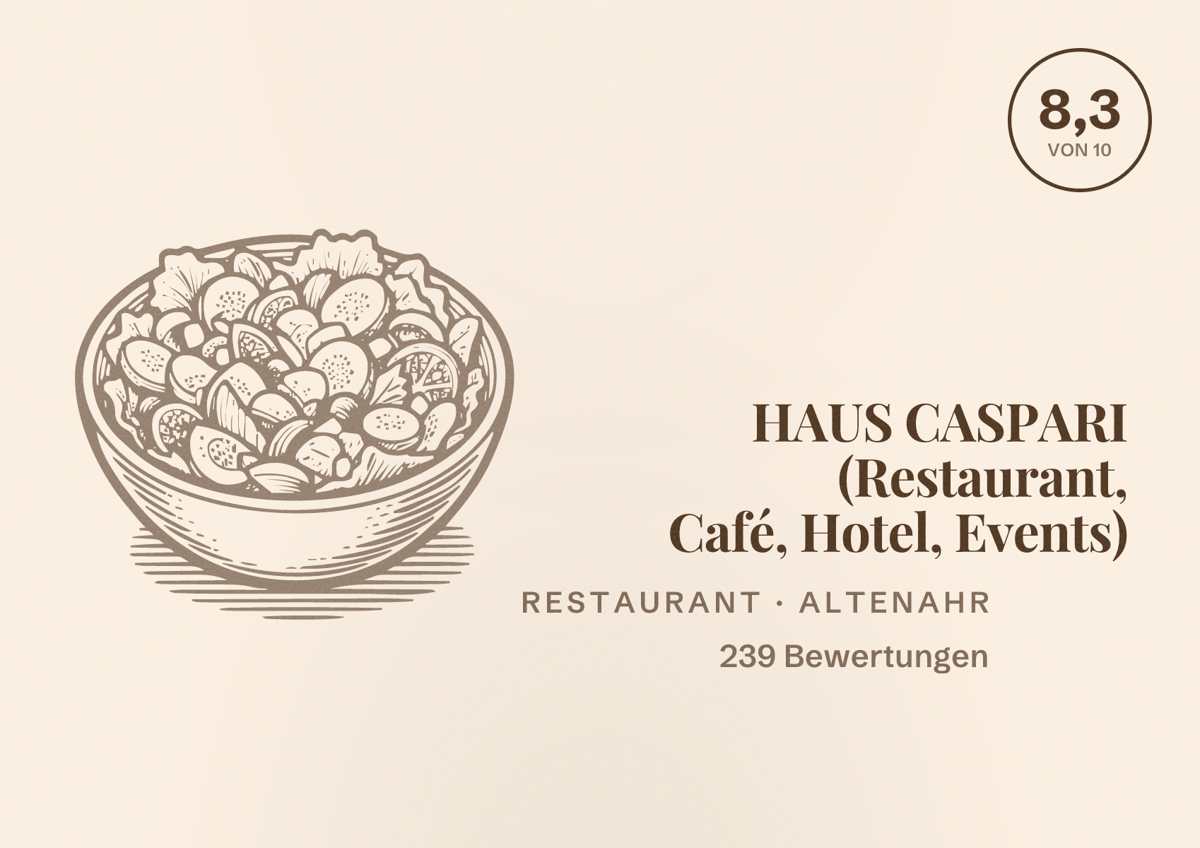 Illustriertes Poster von HAUS CASPARI (Restaurant, Café, Hotel, Events), Restaurant in Altenahr: Bewertung 8,3 von 10 aus 239 Bewertungen
