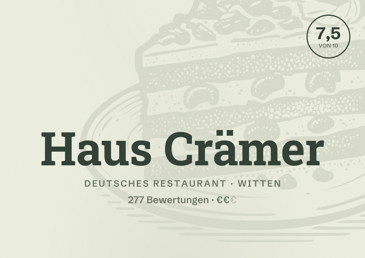 Illustriertes Poster von Haus Crämer, Deutsches Restaurant in Witten: Bewertung 7,5 von 10 aus 277 Bewertungen, Preisniveau €€
