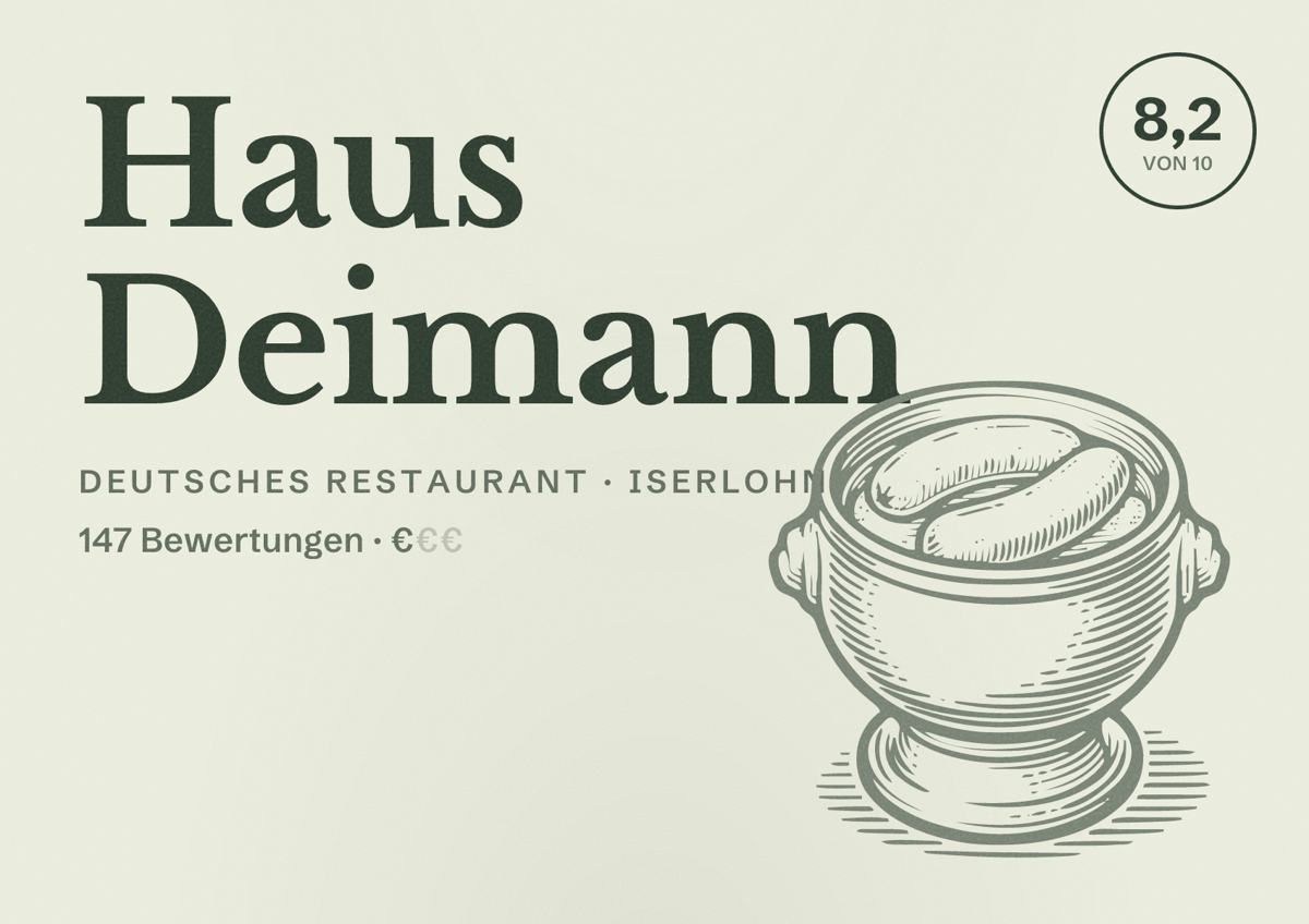 Illustriertes Poster von Haus Deimann, Deutsches Restaurant in Iserlohn: Bewertung 8,2 von 10 aus 147 Bewertungen, Preisniveau €