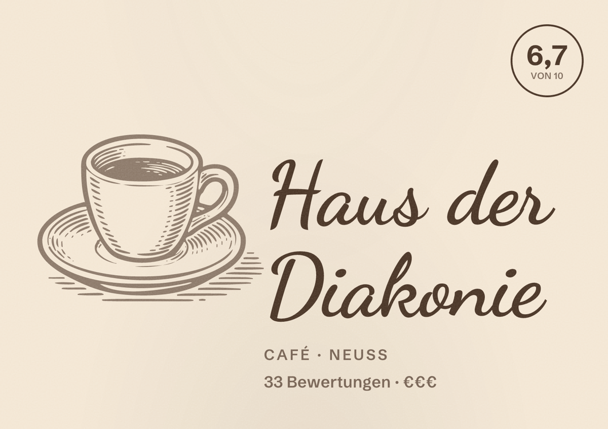 Illustriertes Poster von Haus der Diakonie, Café in Neuss: Bewertung 6,7 von 10 aus 33 Bewertungen, Preisniveau €€€