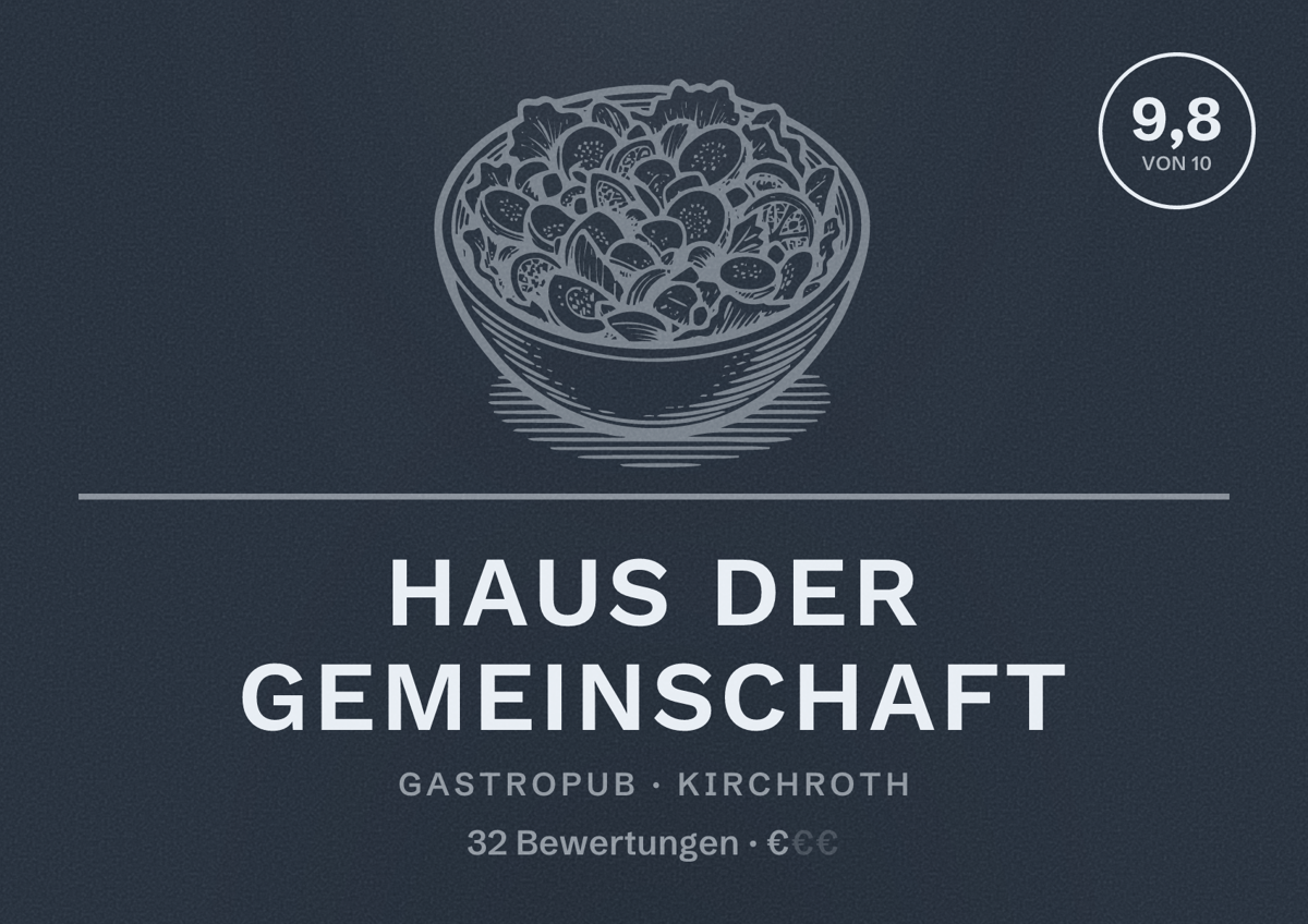 Illustriertes Poster von Haus der Gemeinschaft, Gastropub in Kirchroth: Bewertung 9,8 von 10 aus 32 Bewertungen, Preisniveau €