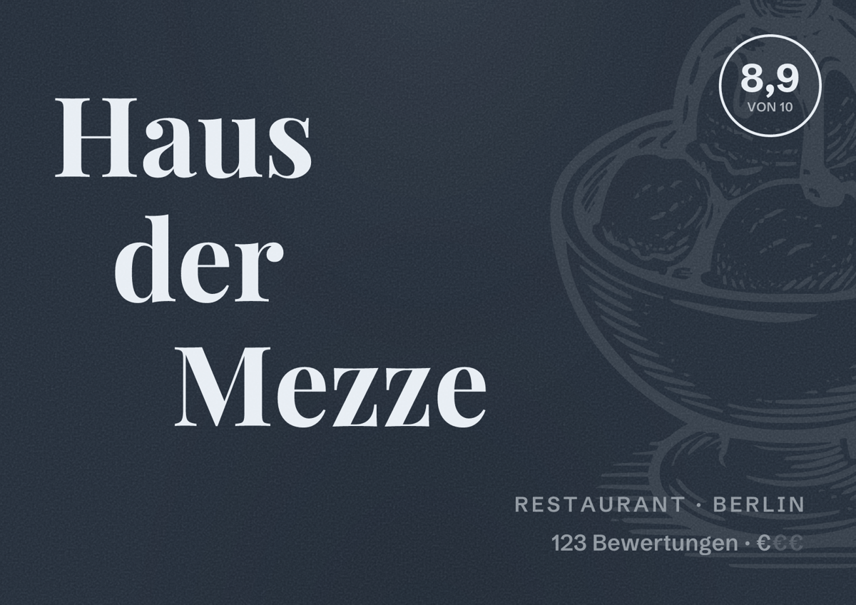 Illustriertes Poster von Haus der Mezze, Restaurant in Berlin: Bewertung 8,9 von 10 aus 123 Bewertungen, Preisniveau €