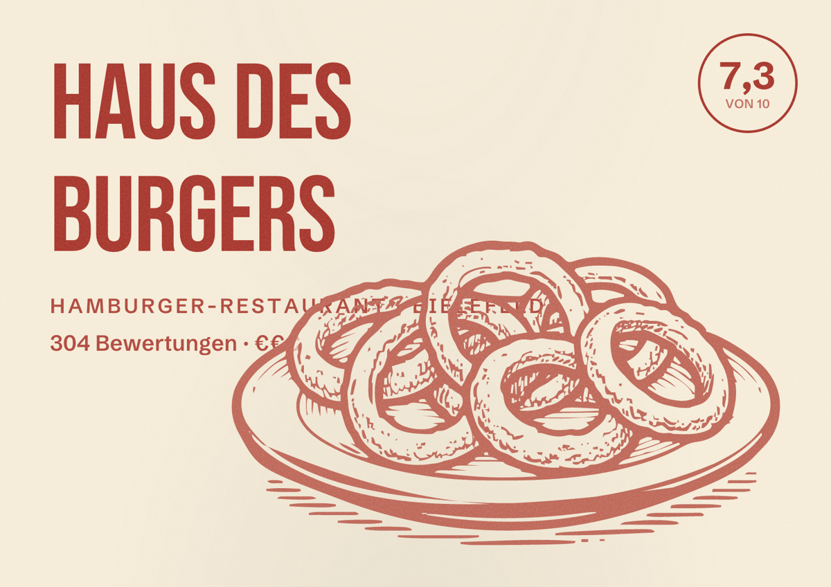 Illustriertes Poster von Haus des Burgers, Hamburger-Restaurant in Bielefeld: Bewertung 7,3 von 10 aus 304 Bewertungen, Preisniveau €€