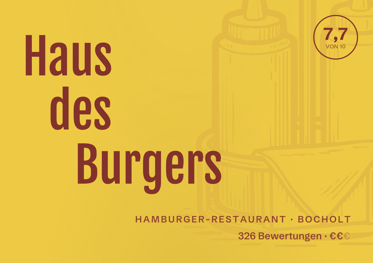 Illustriertes Poster von Haus des Burgers, Hamburger-Restaurant in Bocholt: Bewertung 7,7 von 10 aus 326 Bewertungen, Preisniveau €€