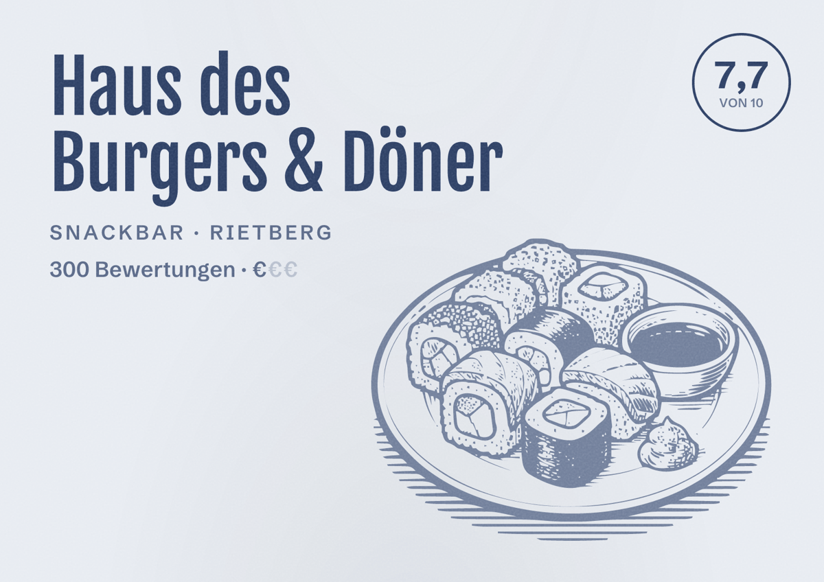 Illustriertes Poster von Haus des Burgers & Döner, Snackbar in Rietberg: Bewertung 7,7 von 10 aus 300 Bewertungen, Preisniveau €