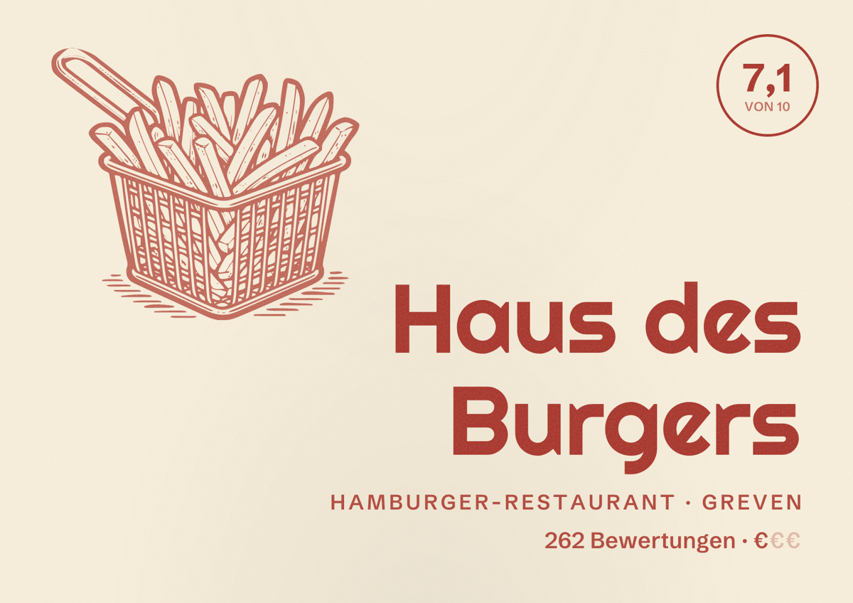 Illustriertes Poster von Haus des Burgers, Hamburger-Restaurant in Greven: Bewertung 7,1 von 10 aus 262 Bewertungen, Preisniveau €