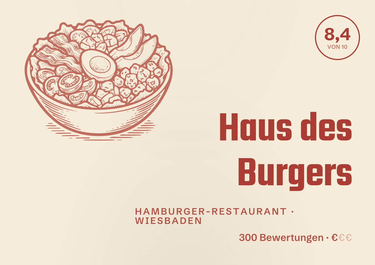 Illustriertes Poster von Haus des Burgers, Hamburger-Restaurant in Wiesbaden: Bewertung 8,4 von 10 aus 300 Bewertungen, Preisniveau €