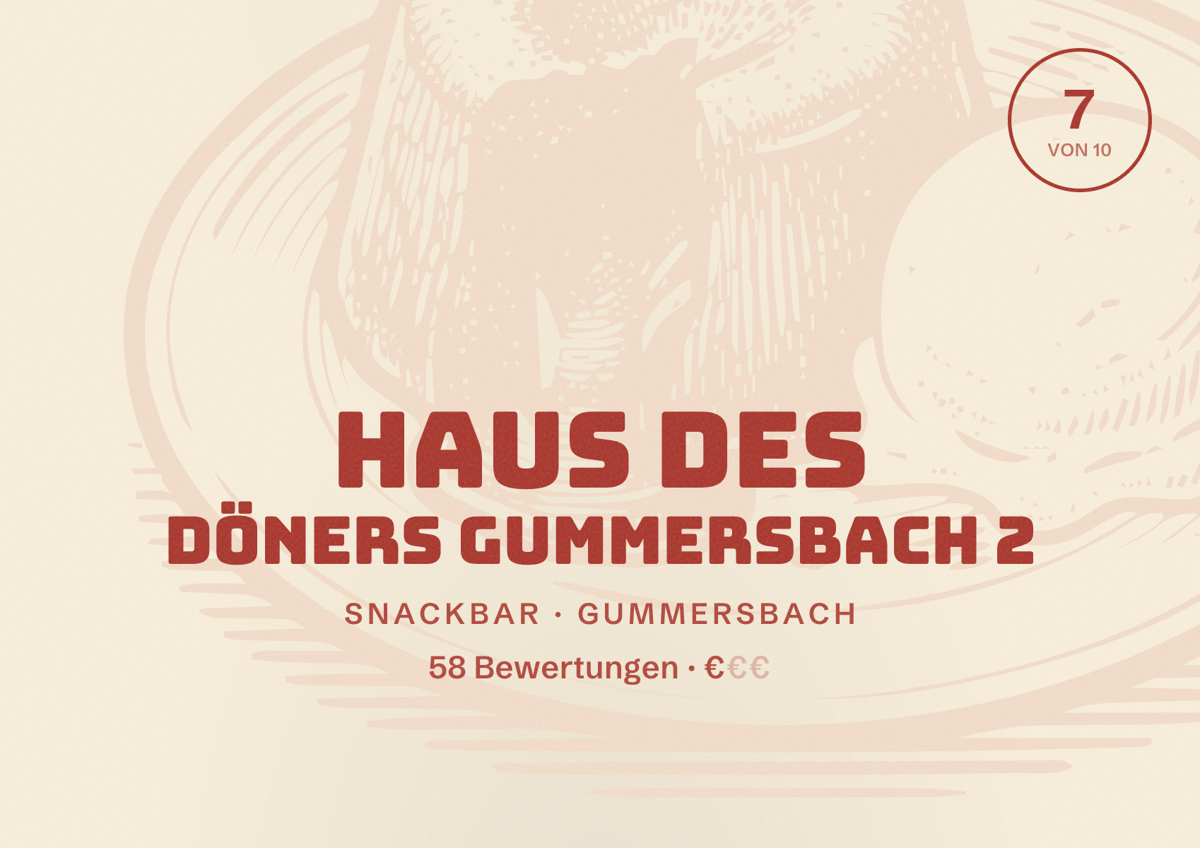 Illustriertes Poster von Haus des Döners Gummersbach 2, Snackbar in Gummersbach: Bewertung 7 von 10 aus 58 Bewertungen, Preisniveau €