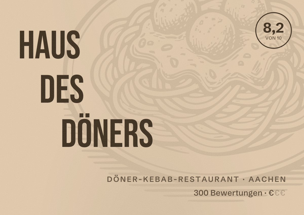 Illustriertes Poster von Haus des Döners, Döner-Kebab-Restaurant in Aachen: Bewertung 8,2 von 10 aus 300 Bewertungen, Preisniveau €