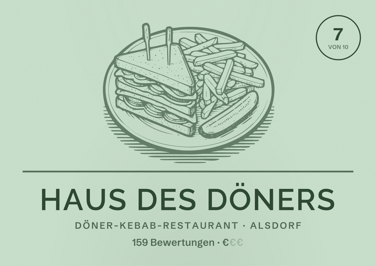 Illustriertes Poster von Haus des Döners, Döner-Kebab-Restaurant in Alsdorf: Bewertung 7 von 10 aus 159 Bewertungen, Preisniveau €