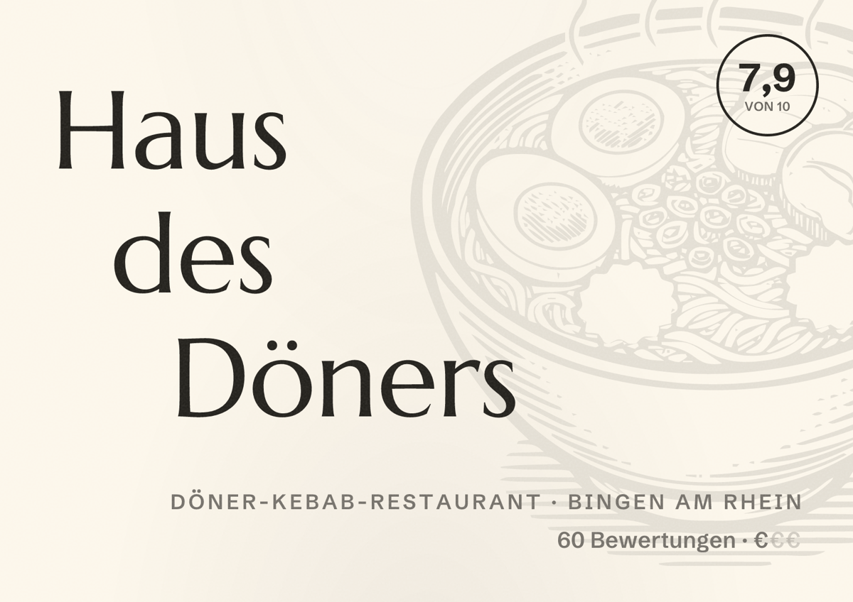 Illustriertes Poster von Haus des Döners, Döner-Kebab-Restaurant in Bingen am Rhein: Bewertung 7,9 von 10 aus 60 Bewertungen, Preisniveau €