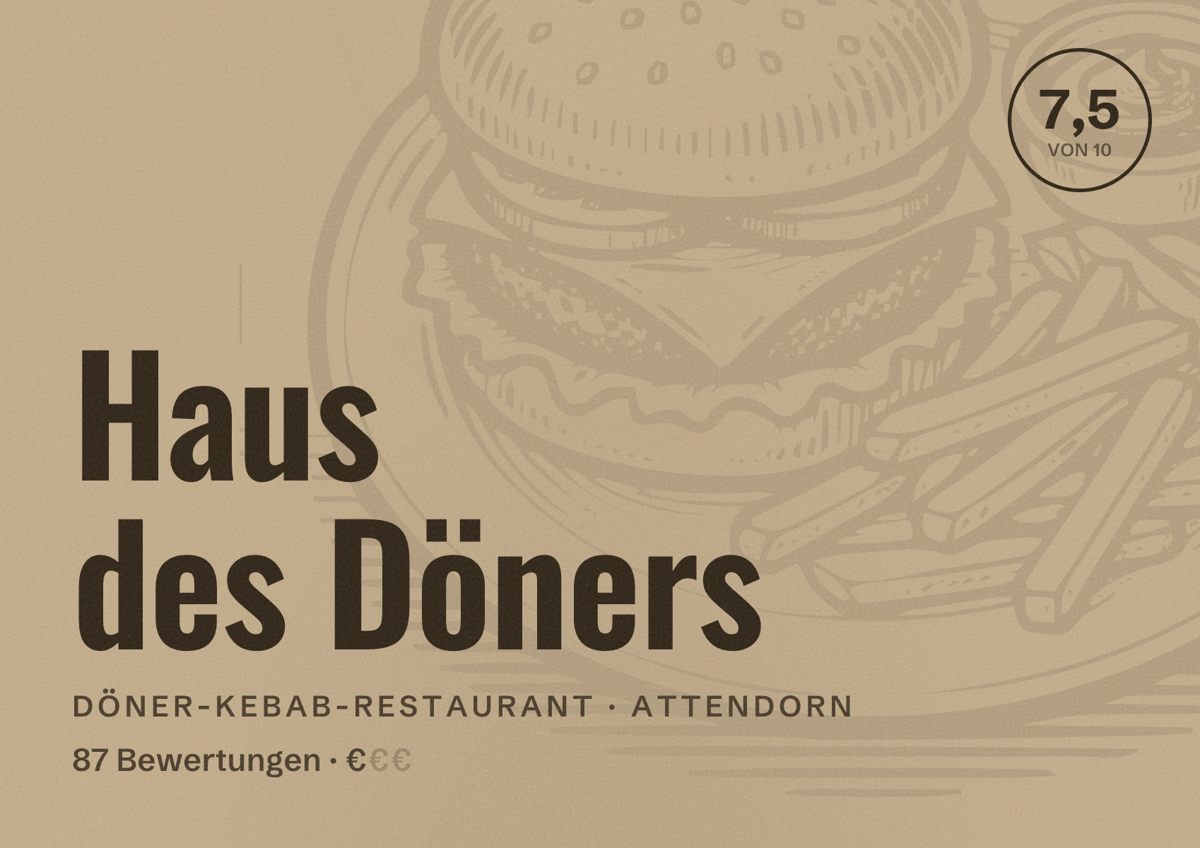 Illustriertes Poster von Haus des Döners, Döner-Kebab-Restaurant in Attendorn: Bewertung 7,5 von 10 aus 87 Bewertungen, Preisniveau €