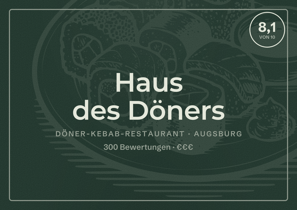 Illustriertes Poster von Haus des Döners, Döner-Kebab-Restaurant in Augsburg: Bewertung 8,1 von 10 aus 300 Bewertungen, Preisniveau €€€