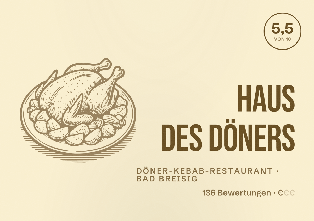 Illustriertes Poster von Haus des Döners, Döner-Kebab-Restaurant in Bad Breisig: Bewertung 5,5 von 10 aus 136 Bewertungen, Preisniveau €