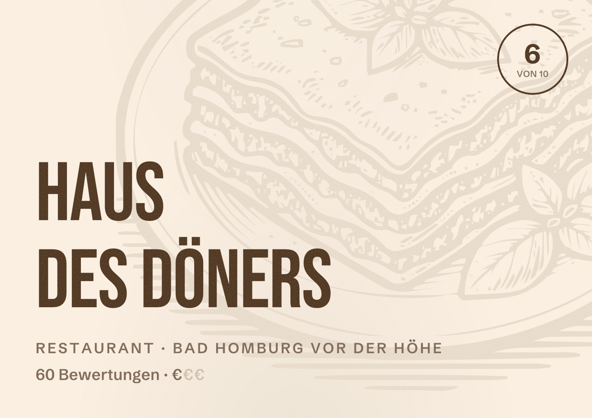 Illustriertes Poster von Haus des Döners, Restaurant in Bad Homburg vor der Höhe: Bewertung 6 von 10 aus 60 Bewertungen, Preisniveau €