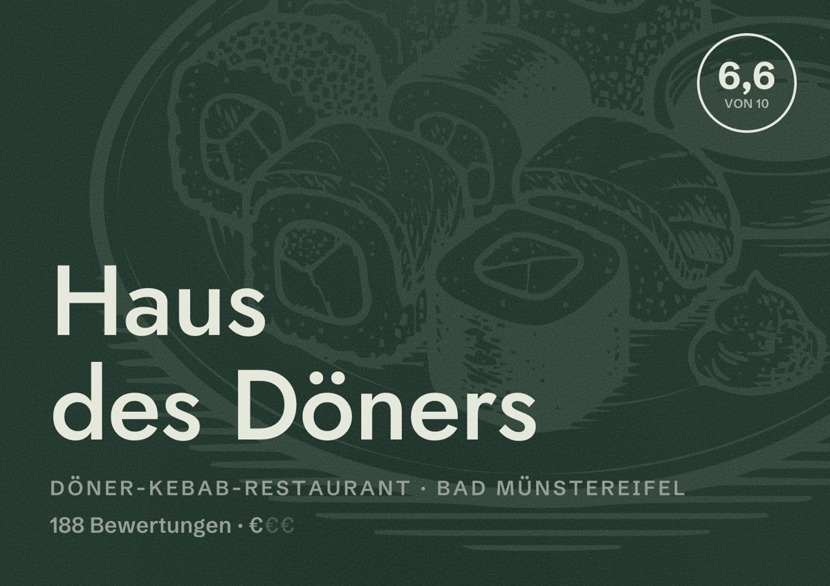 Illustriertes Poster von Haus des Döners, Döner-Kebab-Restaurant in Bad Münstereifel: Bewertung 6,6 von 10 aus 188 Bewertungen, Preisniveau €