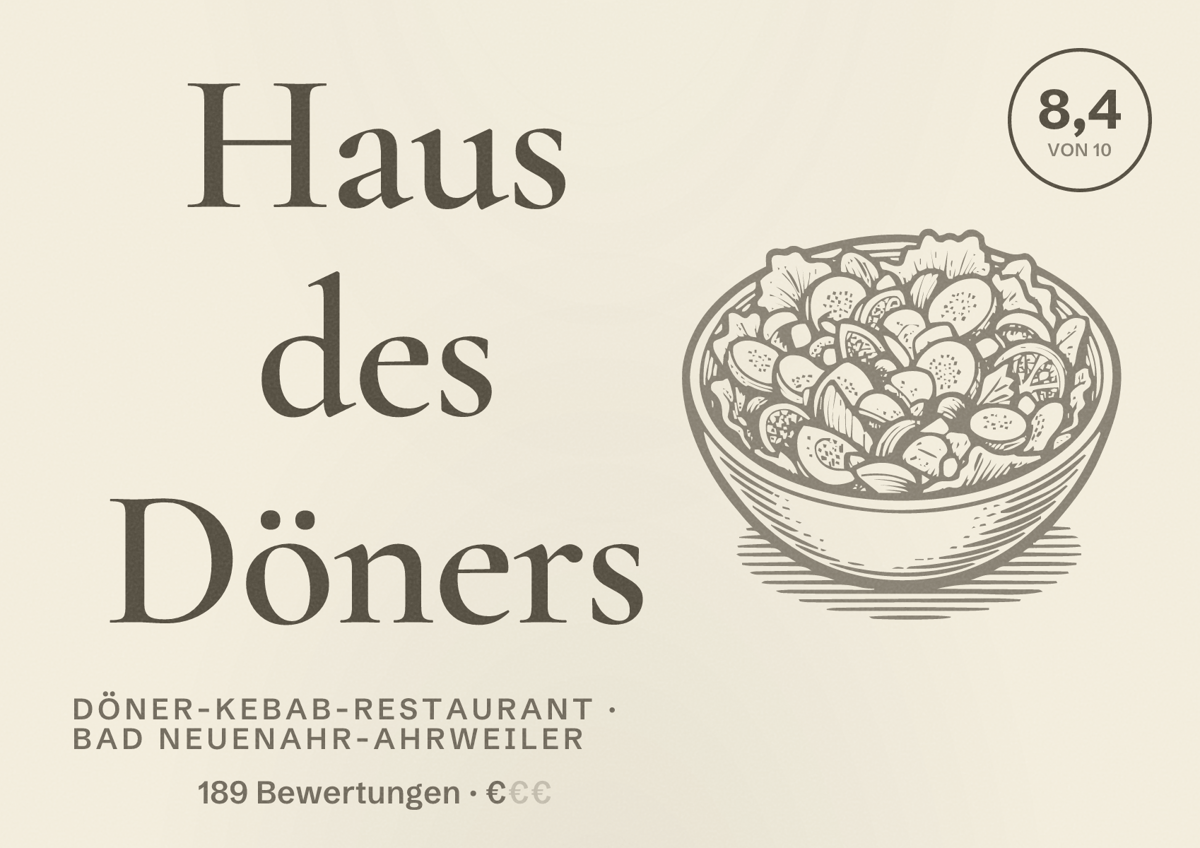 Illustriertes Poster von Haus des Döners, Döner-Kebab-Restaurant in Bad Neuenahr-Ahrweiler: Bewertung 8,4 von 10 aus 189 Bewertungen, Preisniveau €
