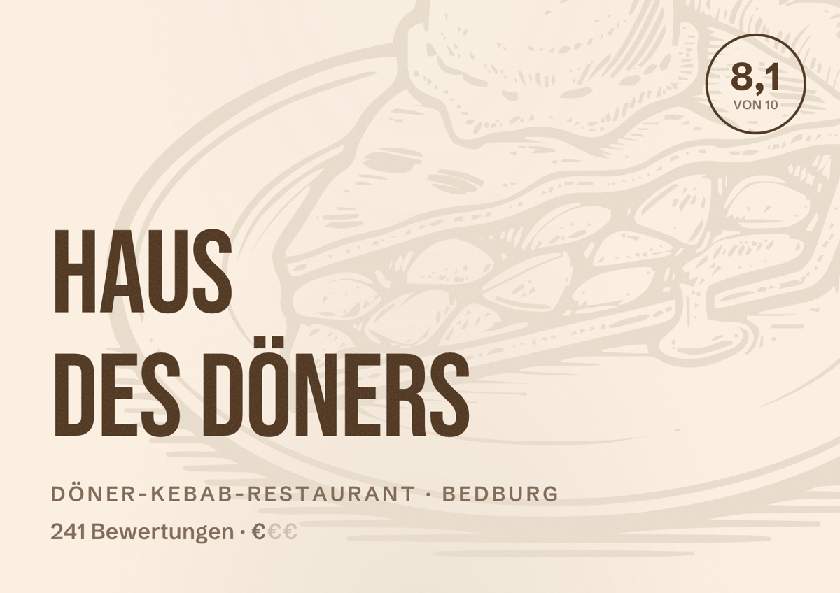 Illustriertes Poster von Haus des Döners, Döner-Kebab-Restaurant in Bedburg: Bewertung 8,1 von 10 aus 241 Bewertungen, Preisniveau €