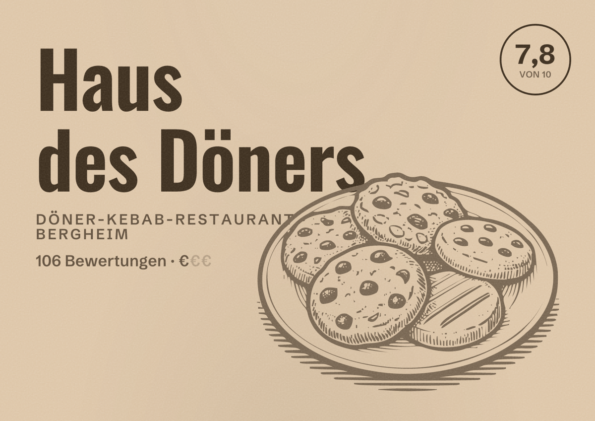 Illustriertes Poster von Haus des Döners, Döner-Kebab-Restaurant in Bergheim: Bewertung 7,8 von 10 aus 106 Bewertungen, Preisniveau €