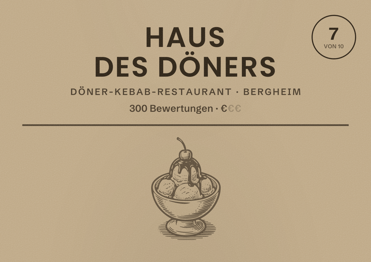 Illustriertes Poster von Haus des Döners, Döner-Kebab-Restaurant in Bergheim: Bewertung 7 von 10 aus 300 Bewertungen, Preisniveau €
