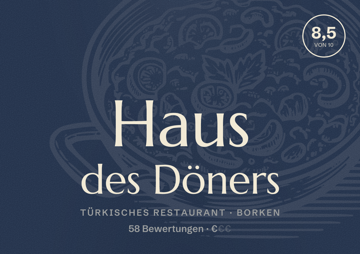 Illustriertes Poster von Haus des Döners, Türkisches Restaurant in Borken: Bewertung 8,5 von 10 aus 58 Bewertungen, Preisniveau €