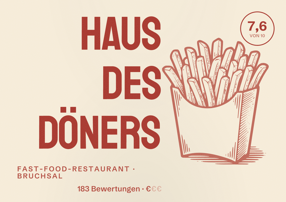 Illustriertes Poster von Haus des Döners, Fast-Food-Restaurant in Bruchsal: Bewertung 7,6 von 10 aus 183 Bewertungen, Preisniveau €
