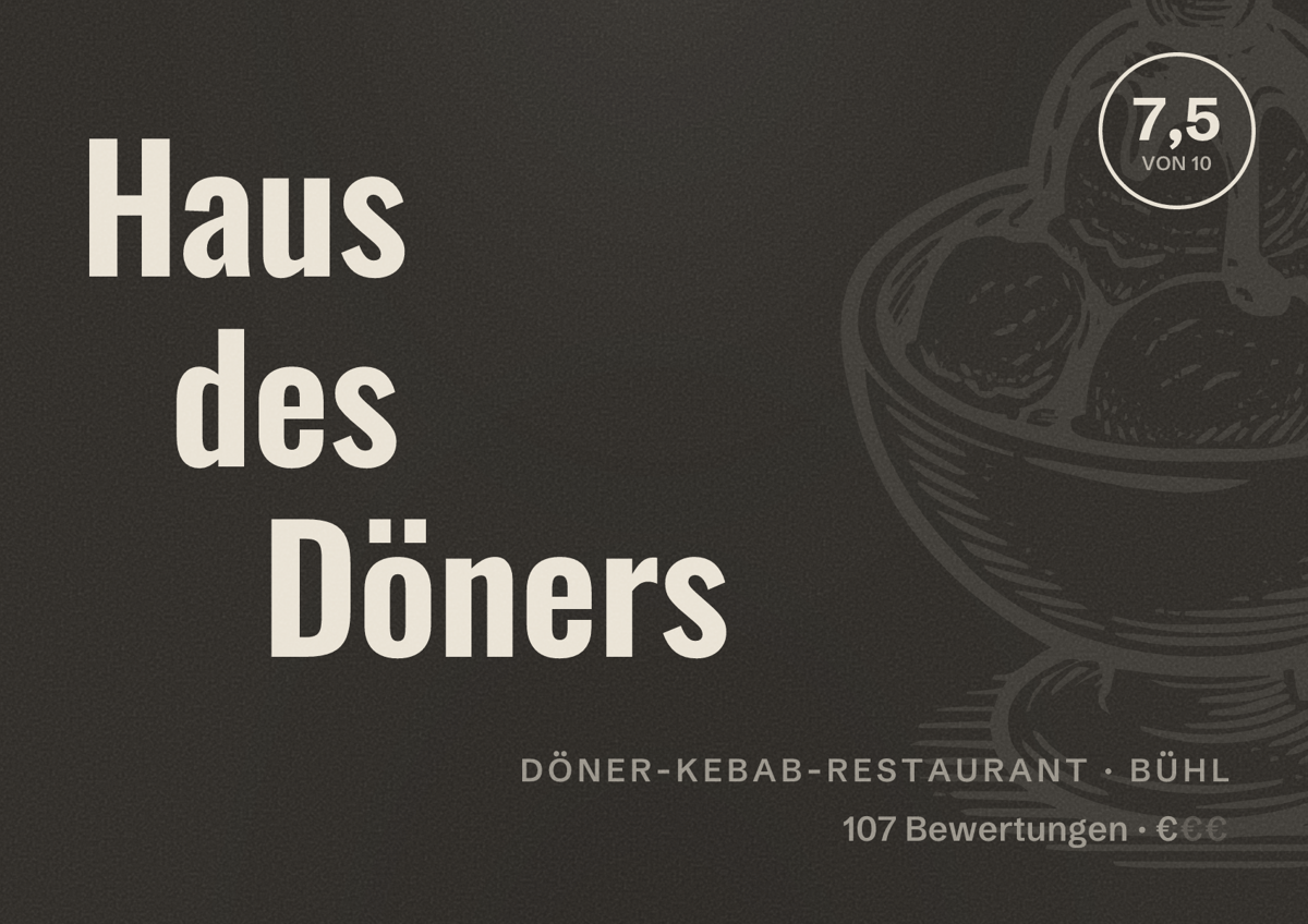 Illustriertes Poster von Haus des Döners, Döner-Kebab-Restaurant in Bühl: Bewertung 7,5 von 10 aus 107 Bewertungen, Preisniveau €