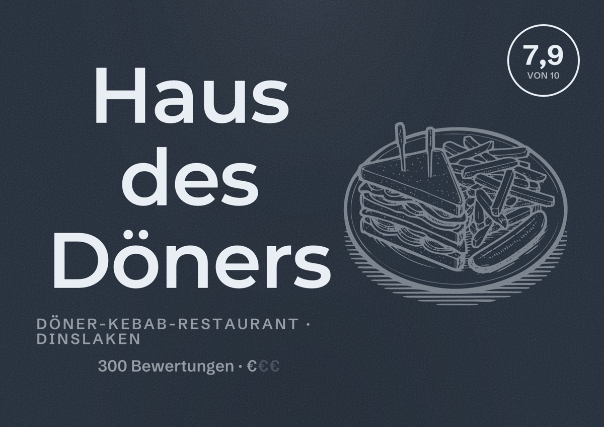 Illustriertes Poster von Haus des Döners, Döner-Kebab-Restaurant in Dinslaken: Bewertung 7,9 von 10 aus 300 Bewertungen, Preisniveau €