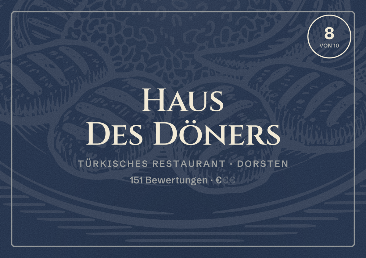 Illustriertes Poster von Haus Des Döners, Türkisches Restaurant in Dorsten: Bewertung 8 von 10 aus 151 Bewertungen, Preisniveau €