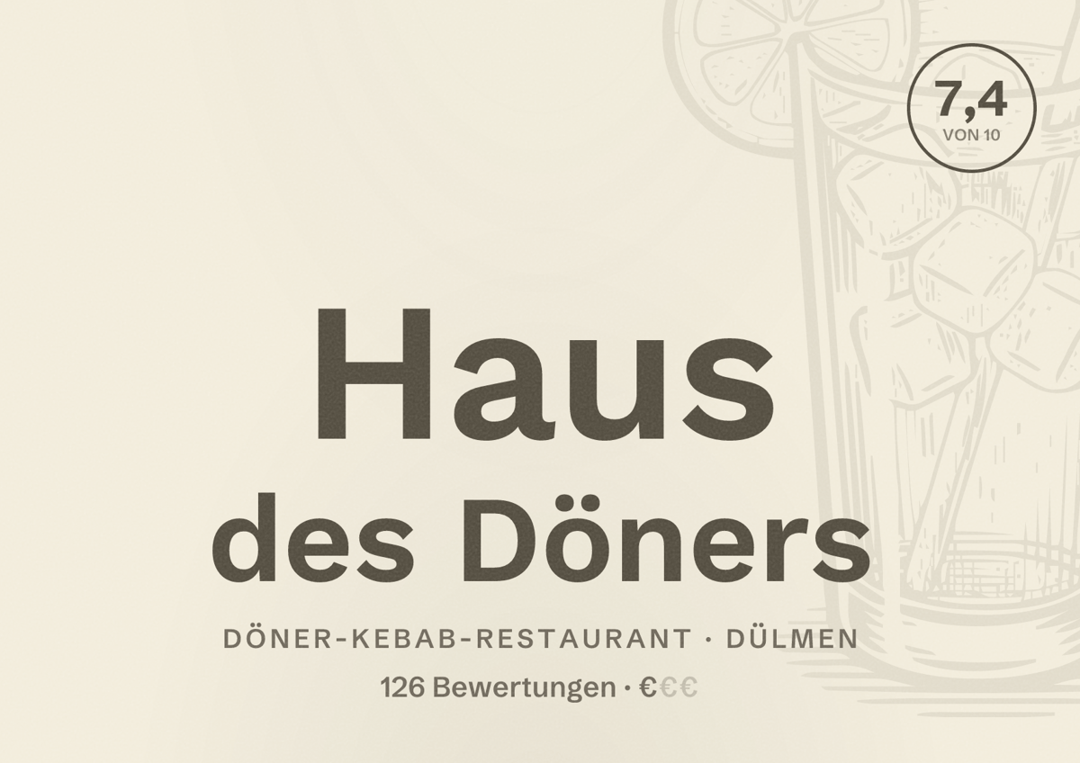 Illustriertes Poster von Haus des Döners, Döner-Kebab-Restaurant in Dülmen: Bewertung 7,4 von 10 aus 126 Bewertungen, Preisniveau €