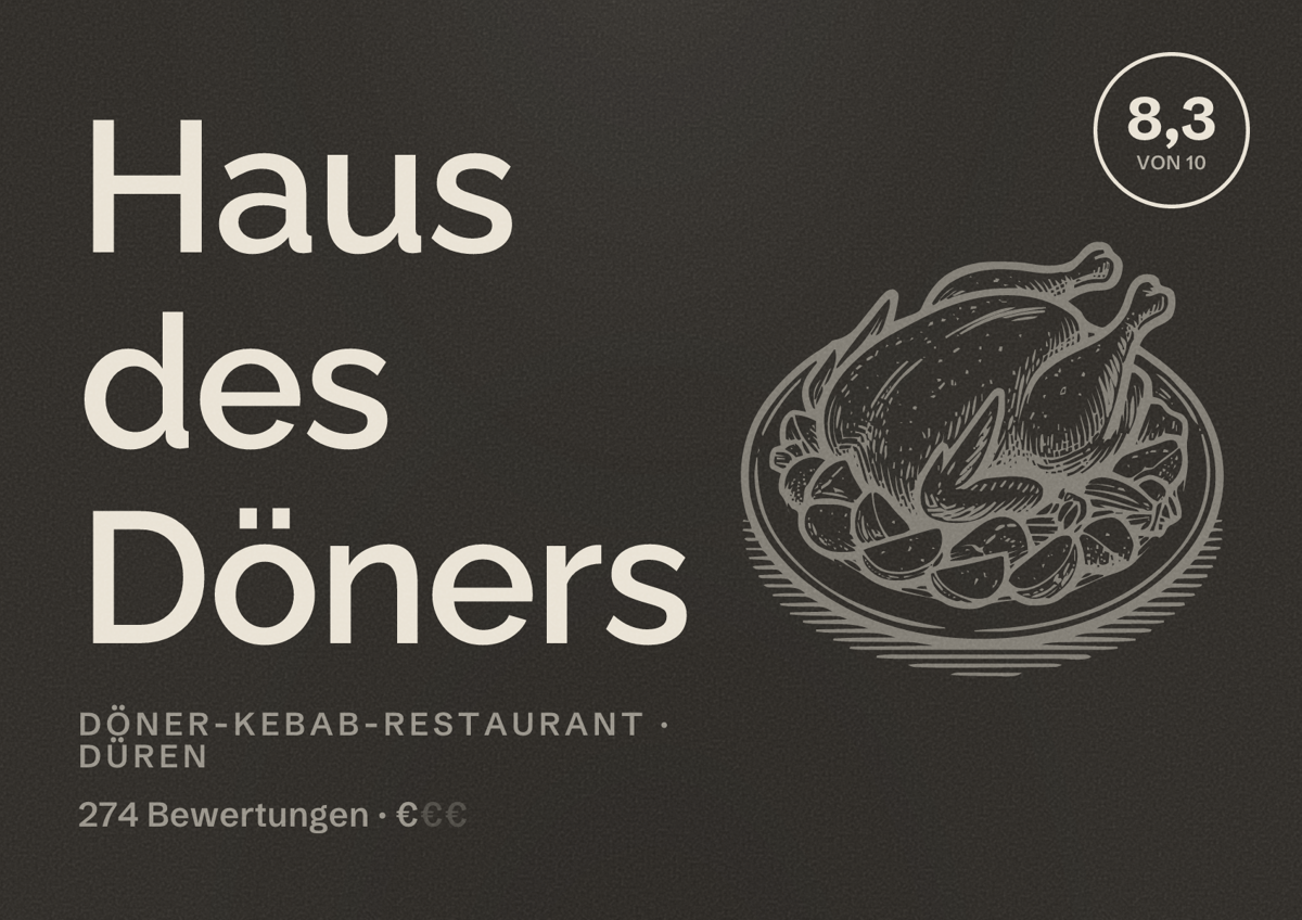 Illustriertes Poster von Haus des Döners, Döner-Kebab-Restaurant in Düren: Bewertung 8,3 von 10 aus 274 Bewertungen, Preisniveau €