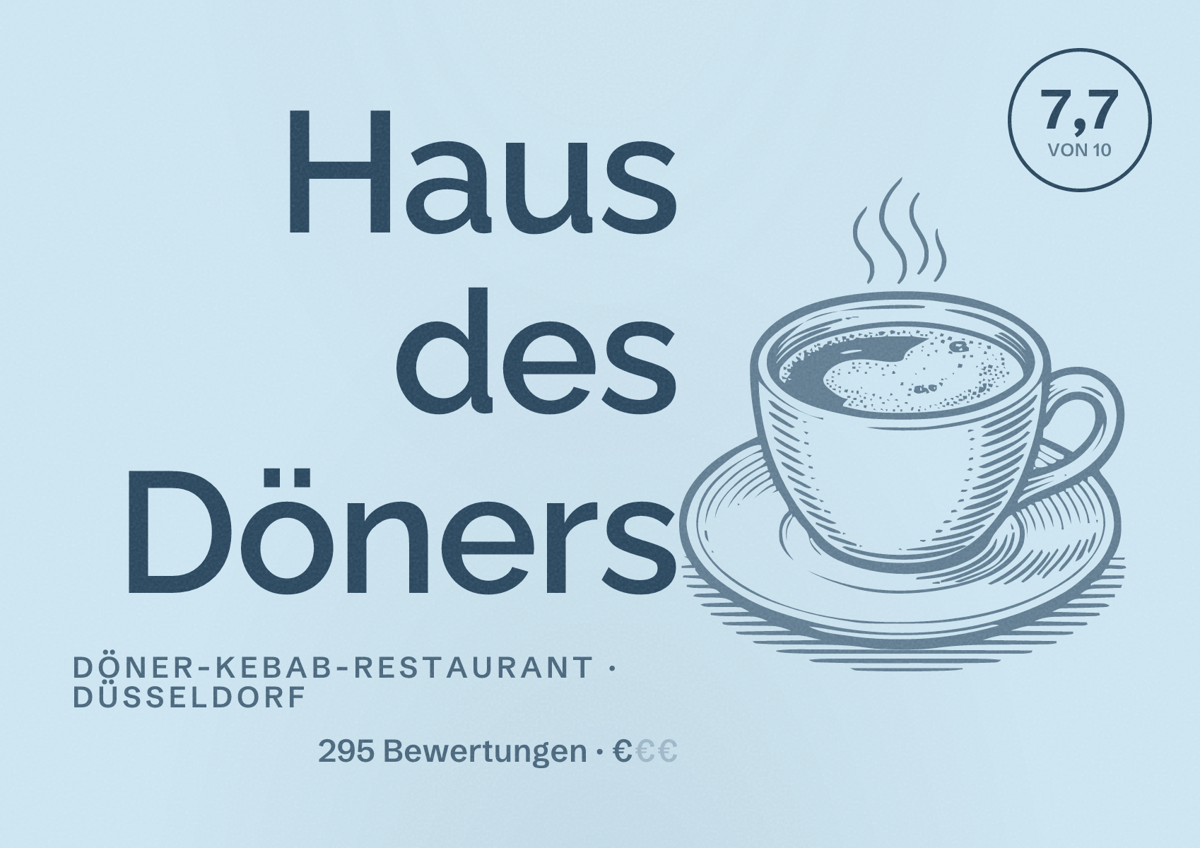 Illustriertes Poster von Haus des Döners, Döner-Kebab-Restaurant in Düsseldorf: Bewertung 7,7 von 10 aus 295 Bewertungen, Preisniveau €