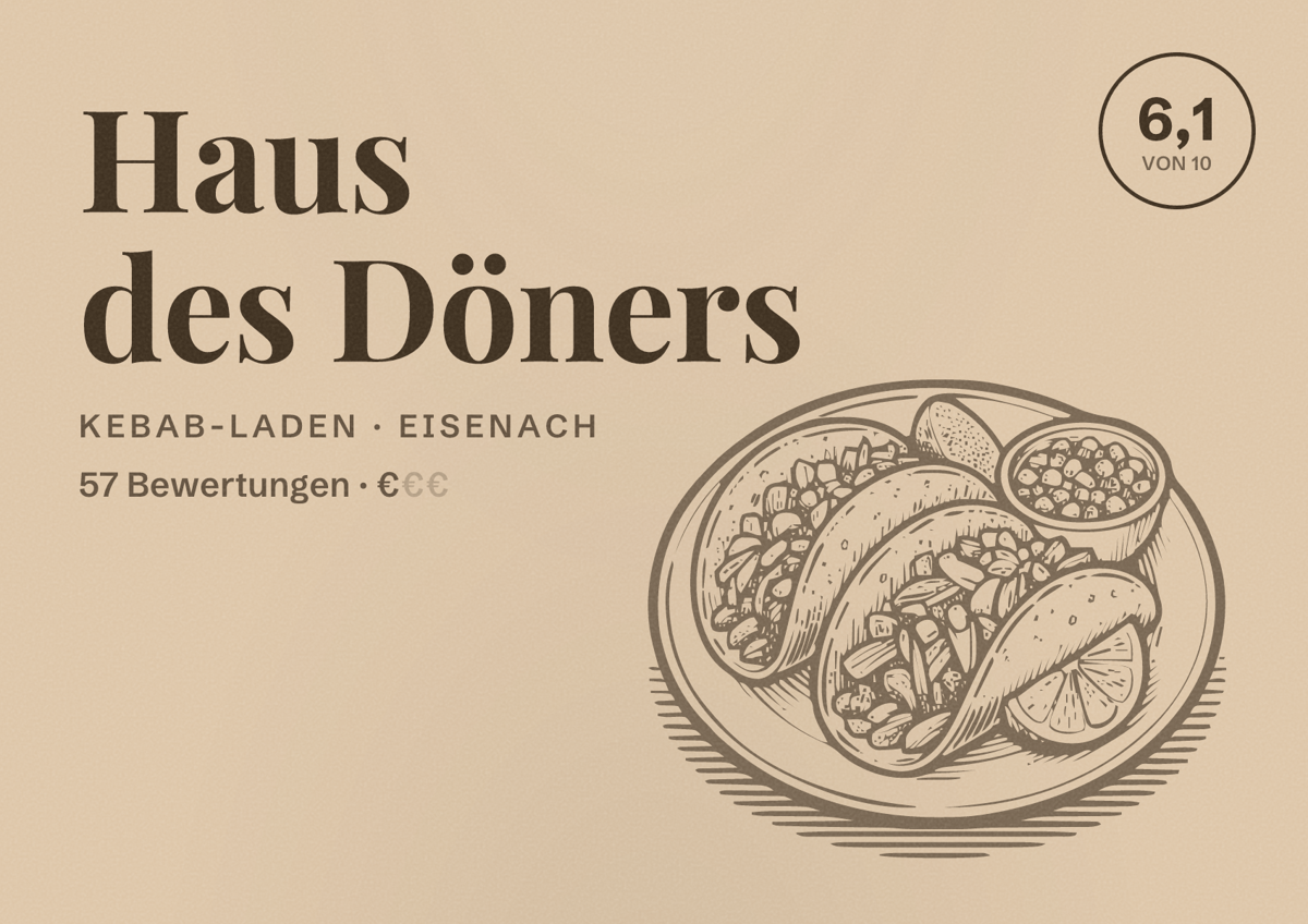 Illustriertes Poster von Haus des Döners, Kebab-Laden in Eisenach: Bewertung 6,1 von 10 aus 57 Bewertungen, Preisniveau €